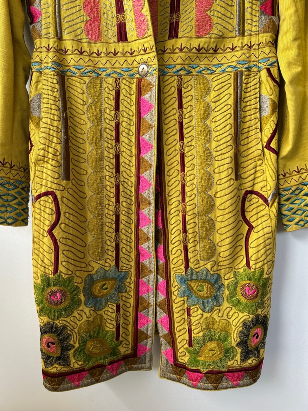 Vintage Embroidered Chartreuse & Pink Women's Denim Duster - Picture 3 of 8